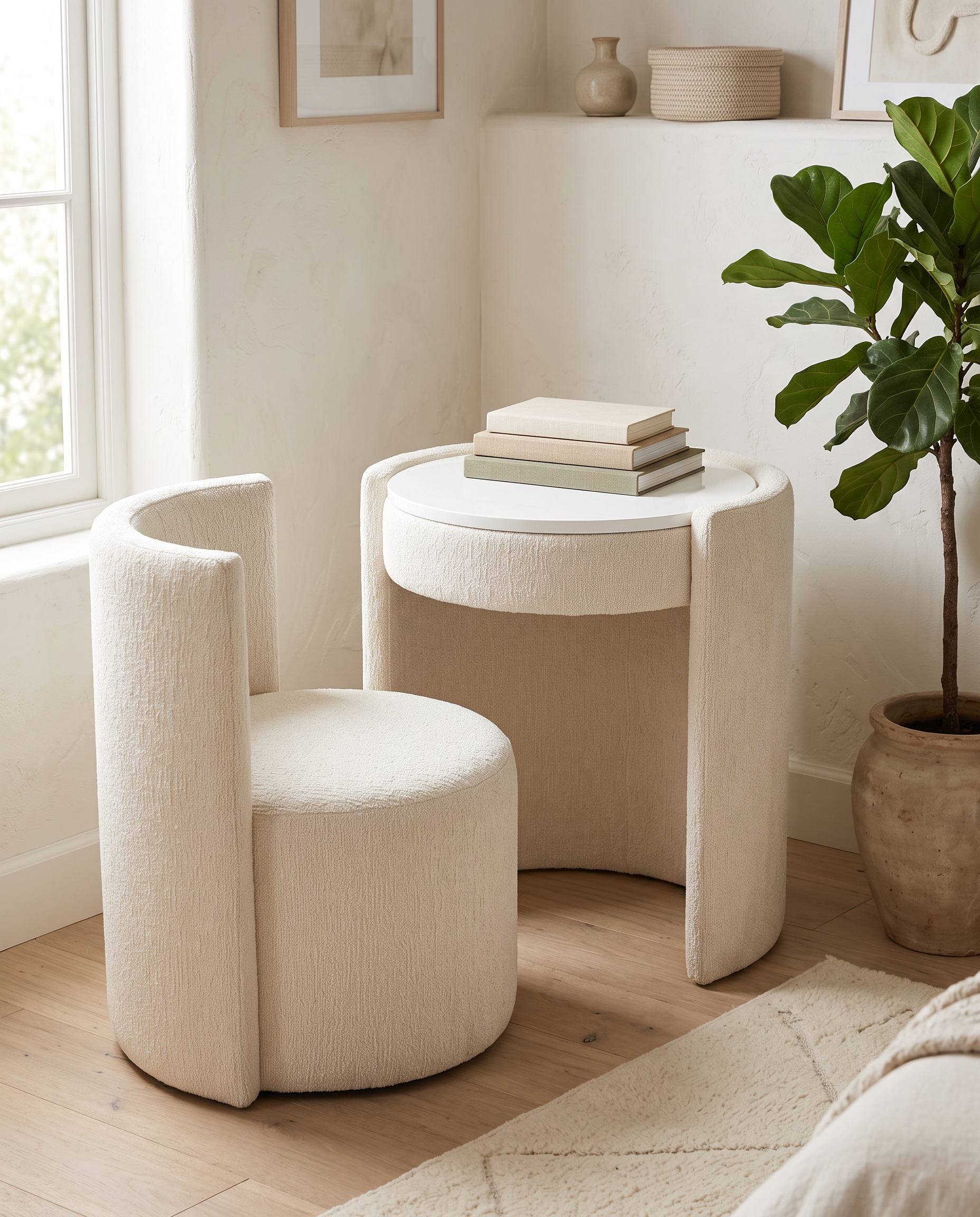 Yoko make-up tafel met gesloten deksel, oogt als een rond bijzettafeltje