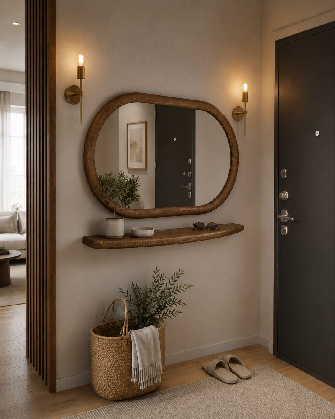 Lila ovale houten wandspiegel met plank 110x70 cm