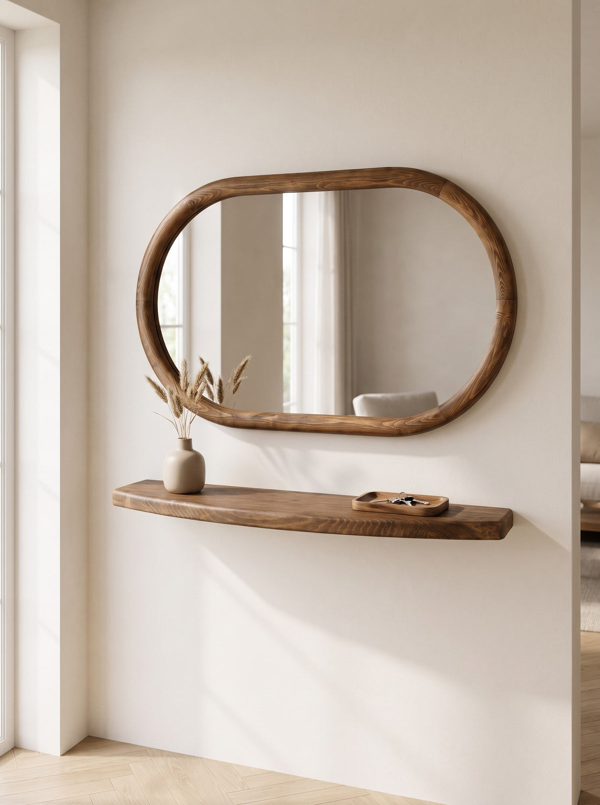 Lila ovale houten wandspiegel met plank 110x70 cm, afbeelding 5