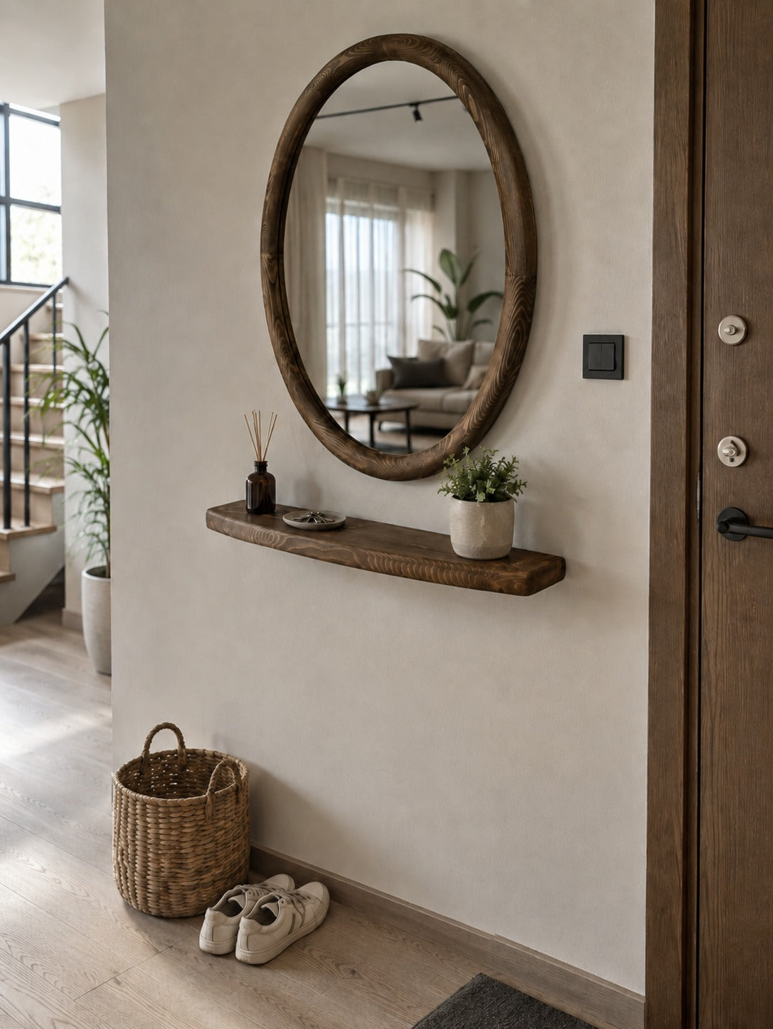 Lou ronde houten wandspiegel met plank 85 cm, afbeelding 2