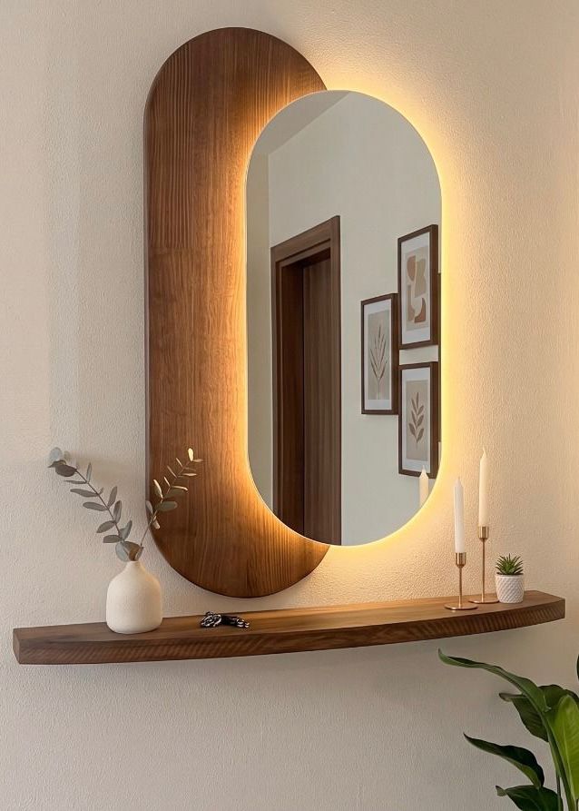 Lumi ovale led spiegel met houten paneel en plank 100x55 cm, afbeelding 2