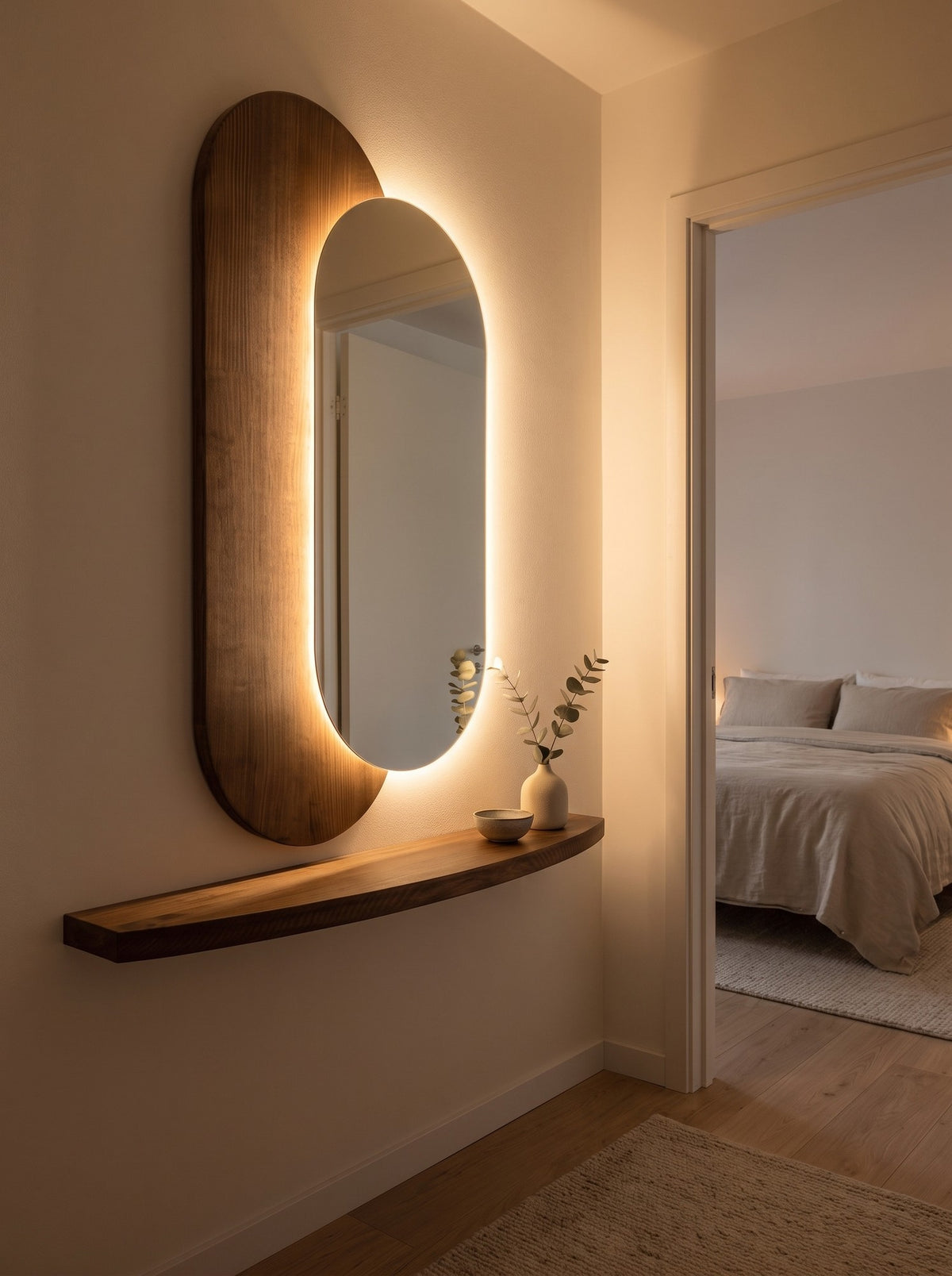 Lumi ovale led spiegel met houten paneel en plank 100x55 cm, afbeelding 4