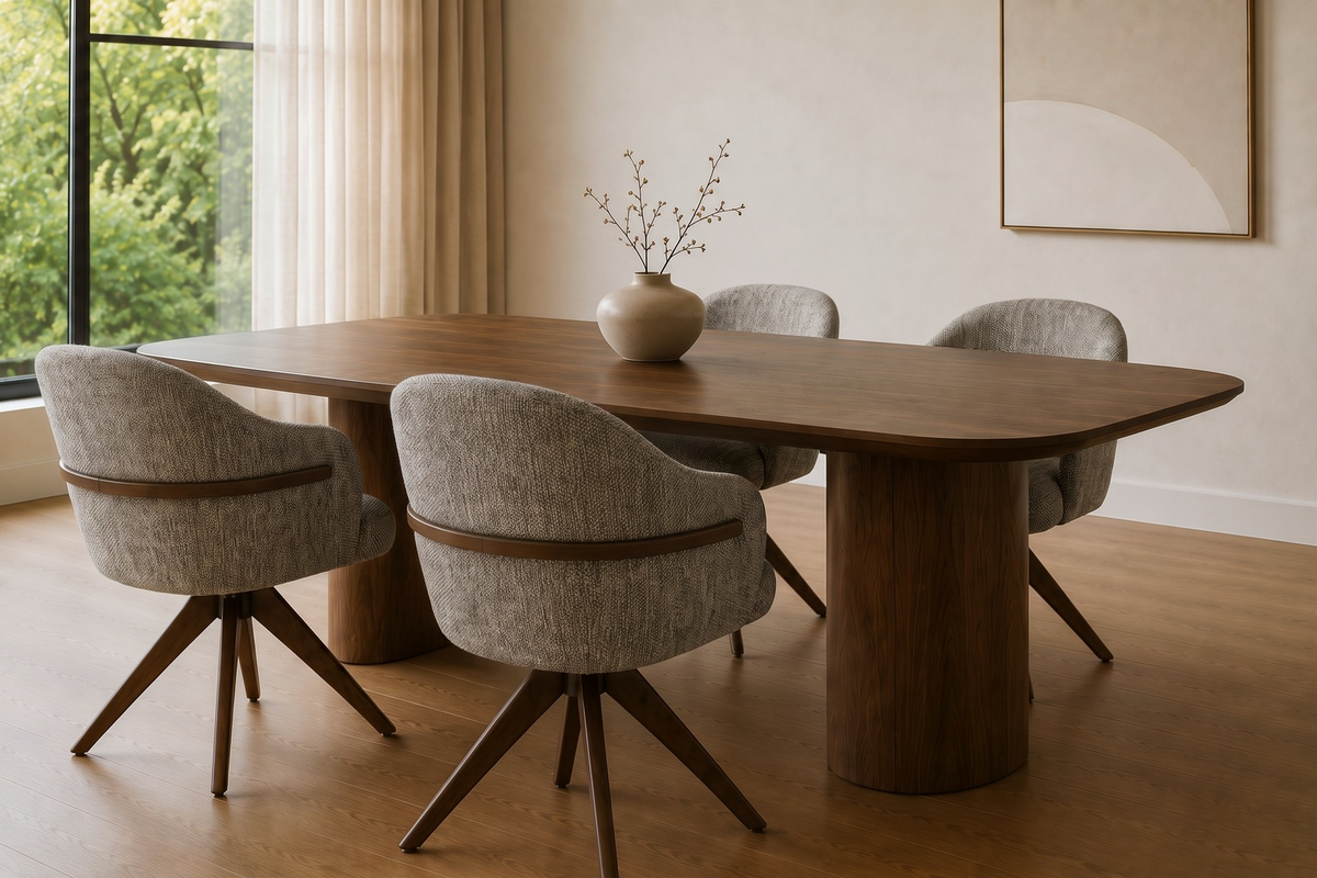 Nara eettafelset met vier draaibare eetkamerstoelen in grijs-taupe gemêleerde stof met walnoten band en ster-onderstel