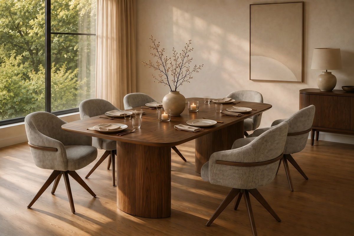 Nara eettafelset voor zes gedekt met linnen servetten en keramische borden in warm middaglicht