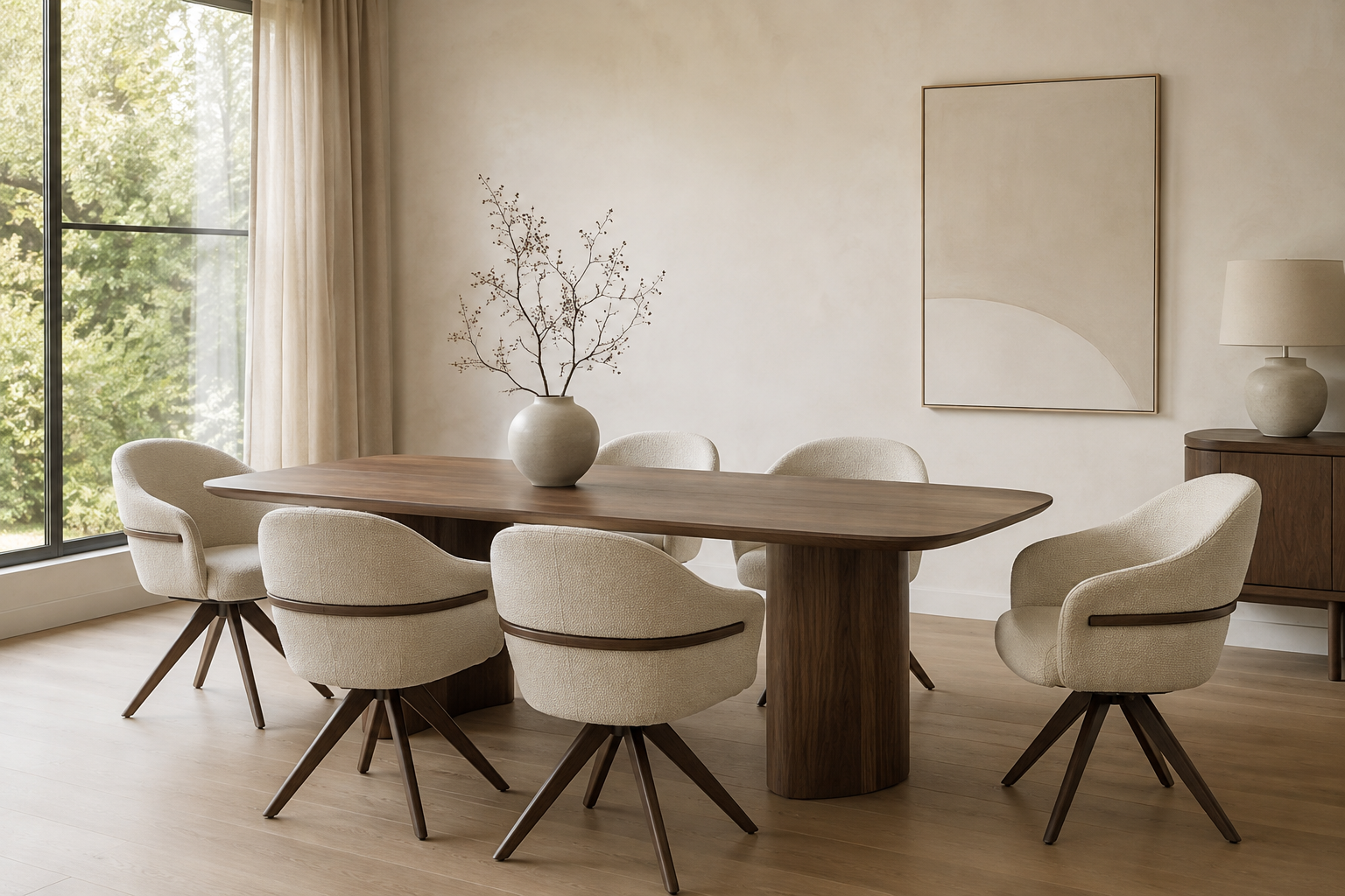 Nara eettafelset met zes draaibare eetkamerstoelen, twee aan elke lange zijde en één aan elk kopse einde