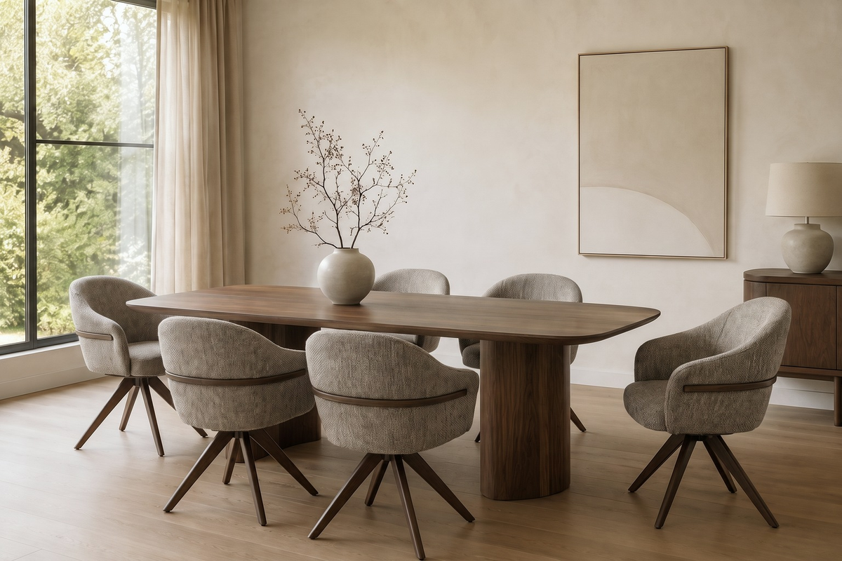 Nara eettafelset met zes draaibare eetkamerstoelen, twee aan elke lange zijde en één aan elk kopse einde