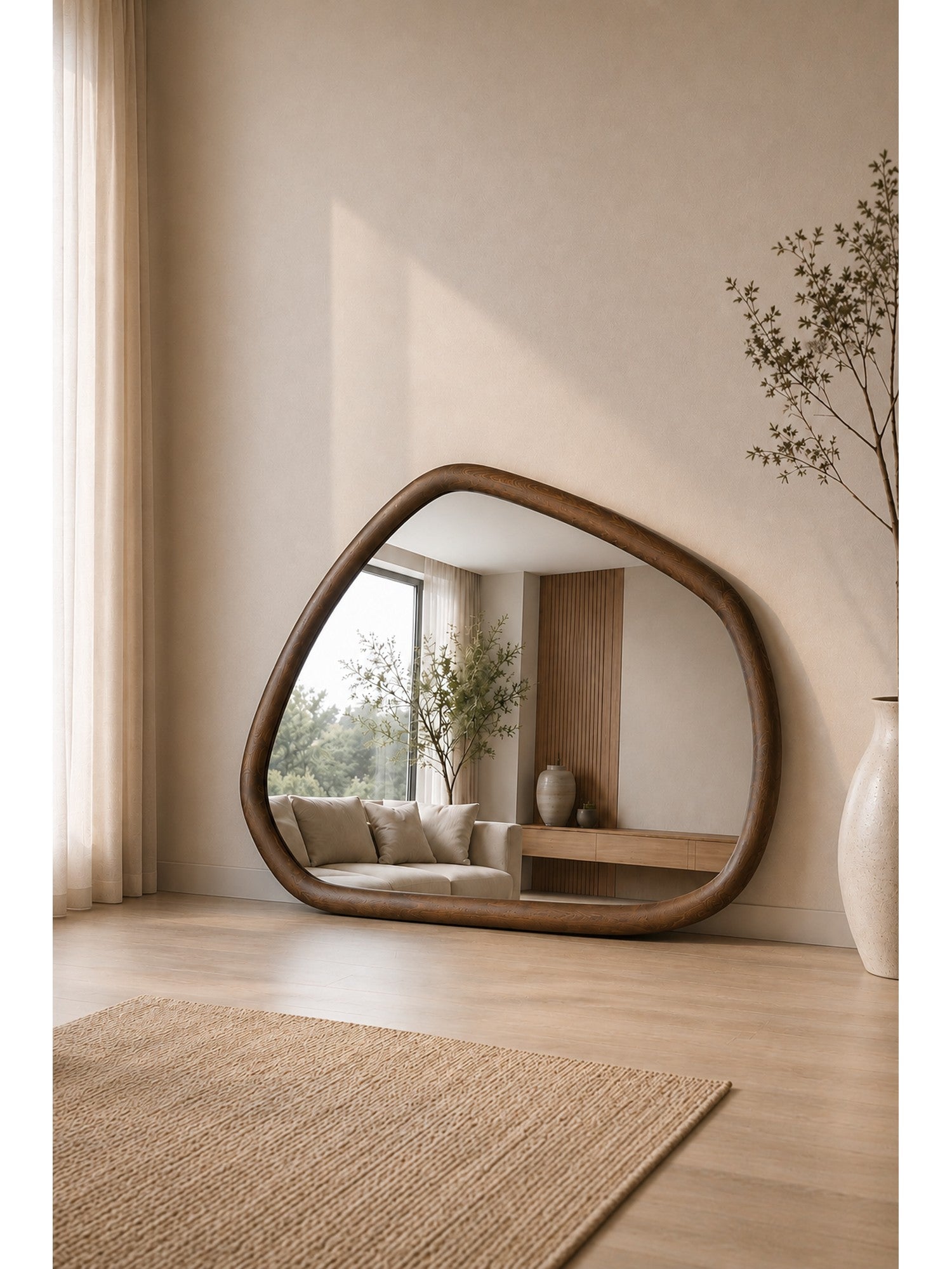 Organische wandspiegel walnoot houten lijst 110x80 cm