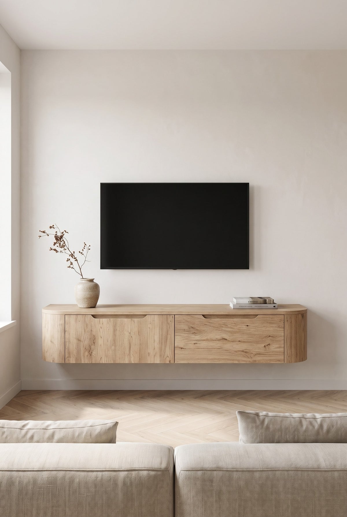Miyoko zwevend tv-meubel eiken 180 cm aan de muur onder een tv