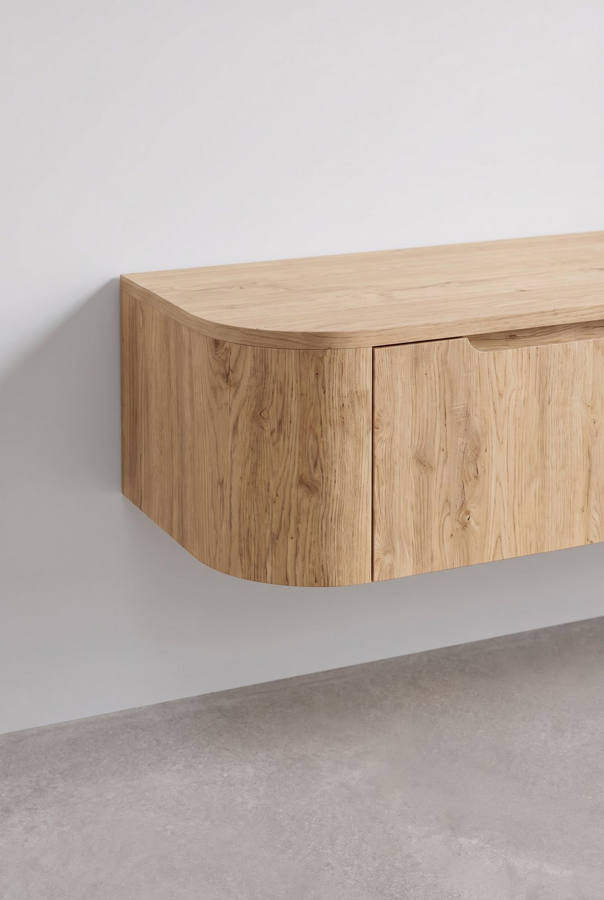 Miyoko zwevend tv-meubel eiken 180 cm, detail van het afgeronde uiteinde