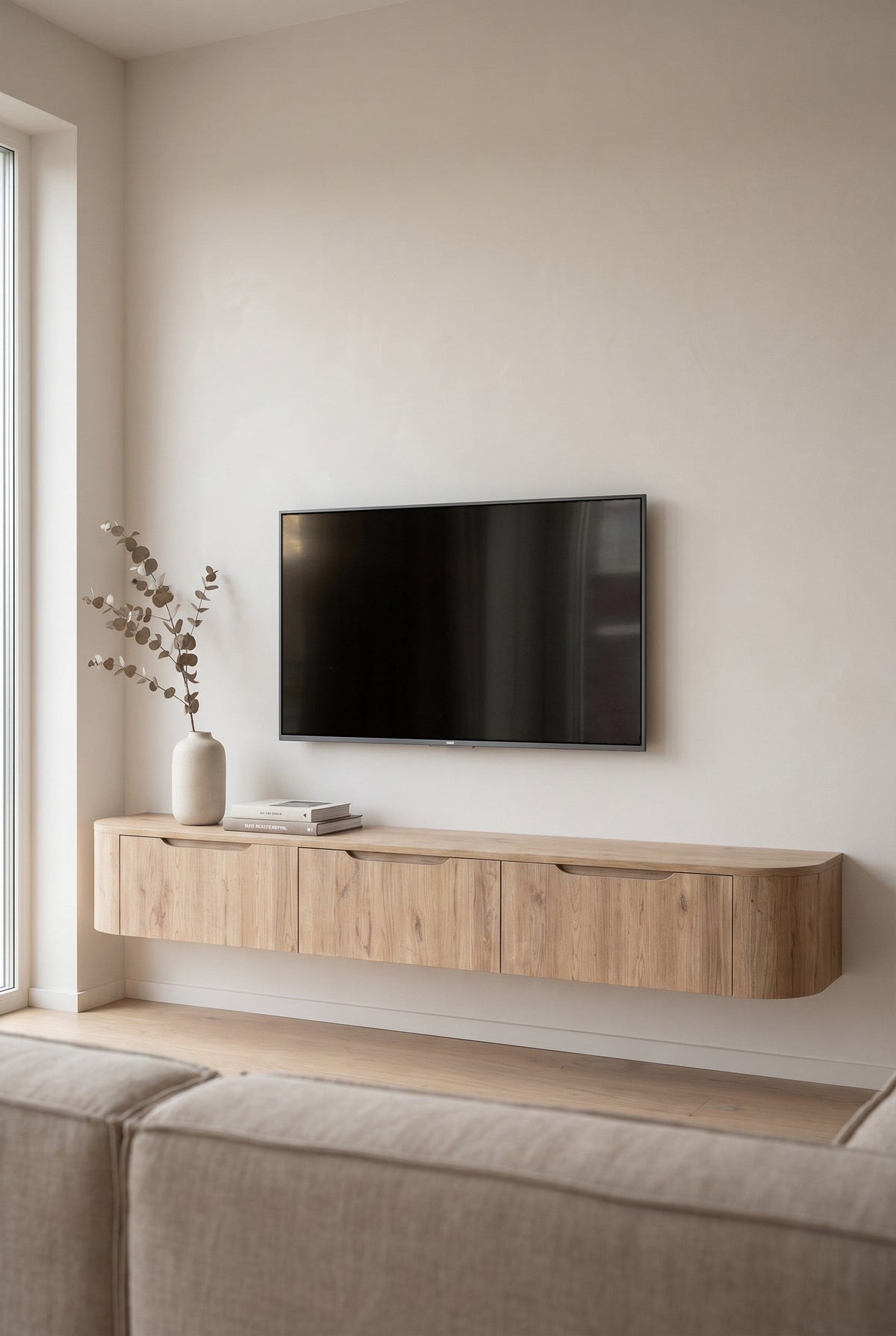 Miyoko zwevend tv-meubel eiken 270 cm aan de muur onder een tv