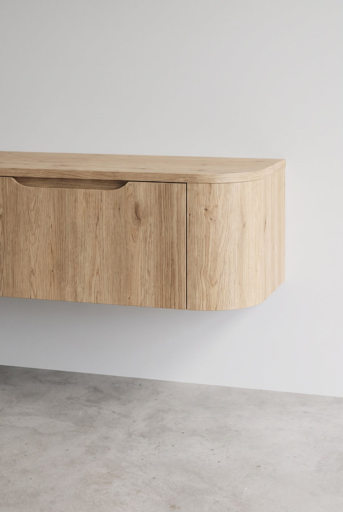 Miyoko zwevend tv-meubel eiken 270 cm, detail van het afgeronde uiteinde