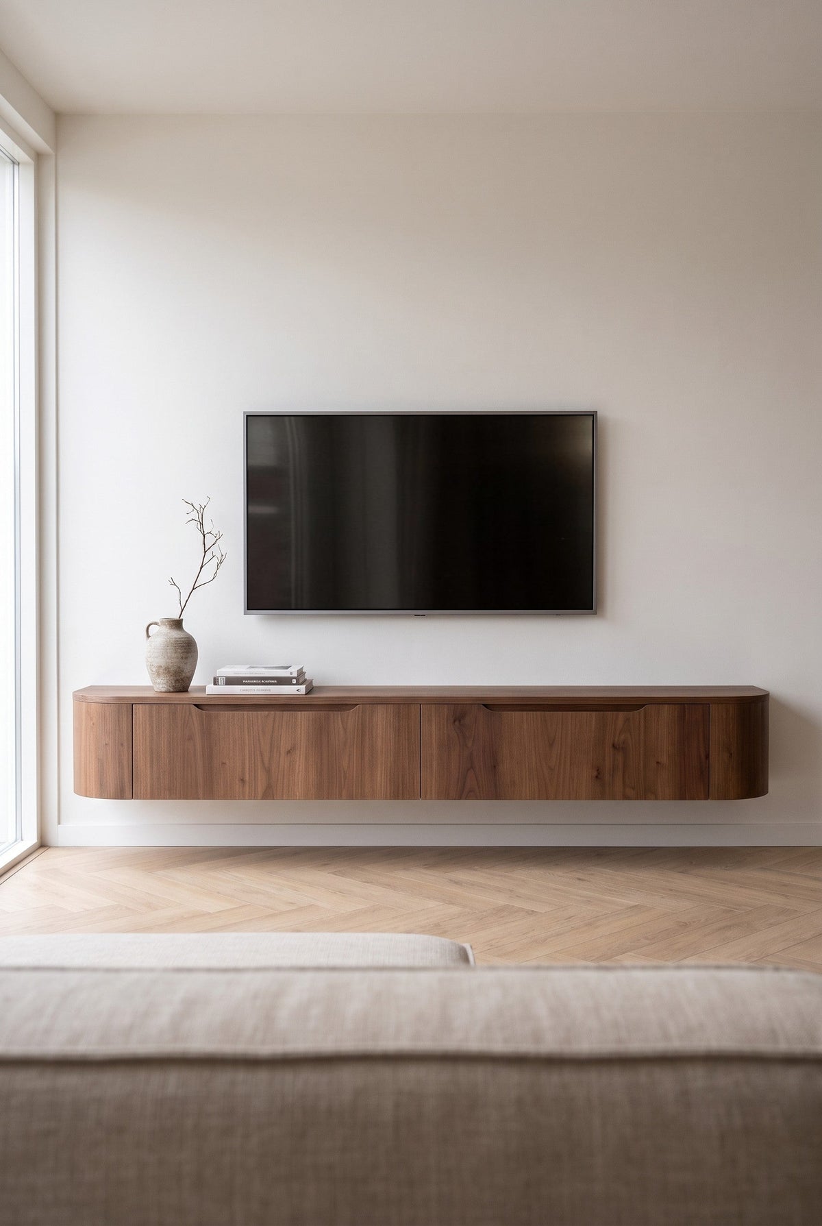 Miyoko zwevend tv-meubel walnoot 180 cm aan de muur onder een tv