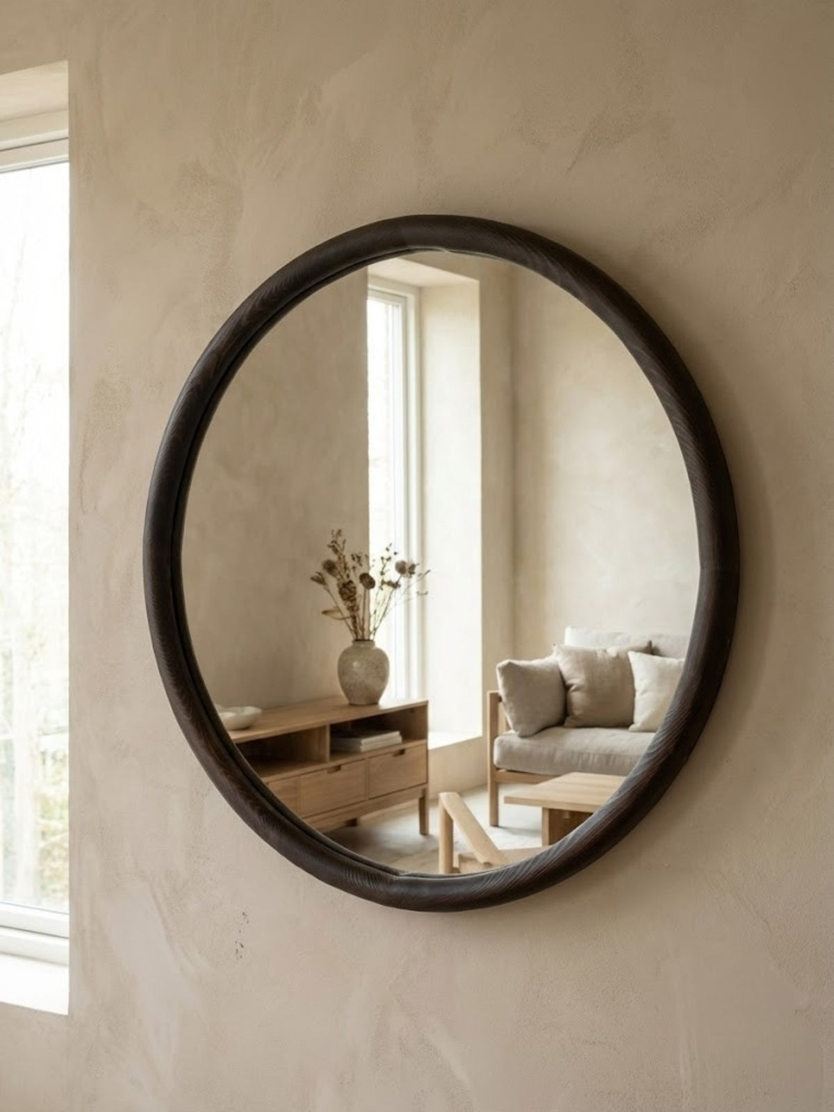ELIN – Houten Japandi wandspiegel rond 70 cm, afbeelding 3