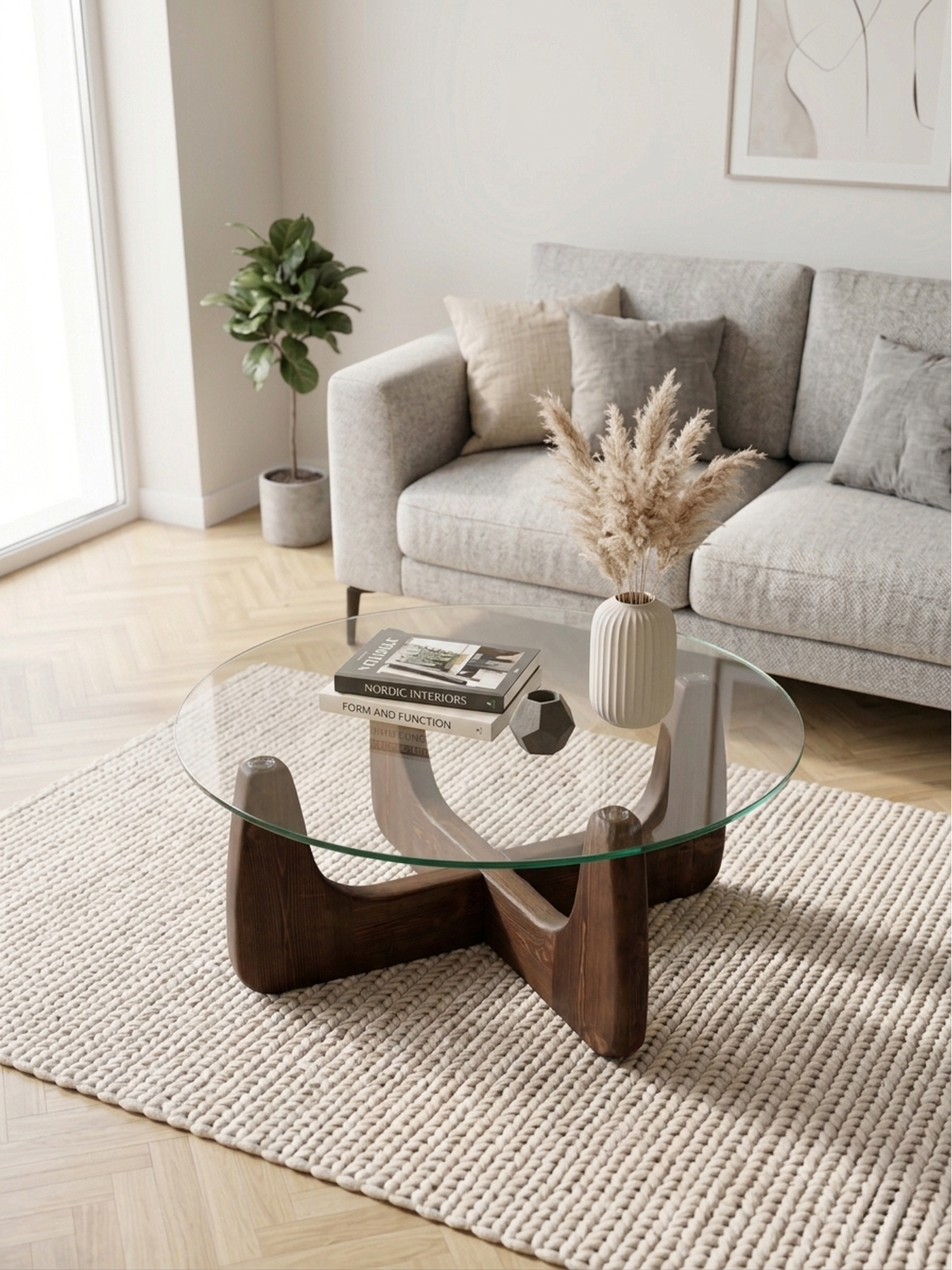 Organische ronde salontafel walnoot 80 cm gehard glas