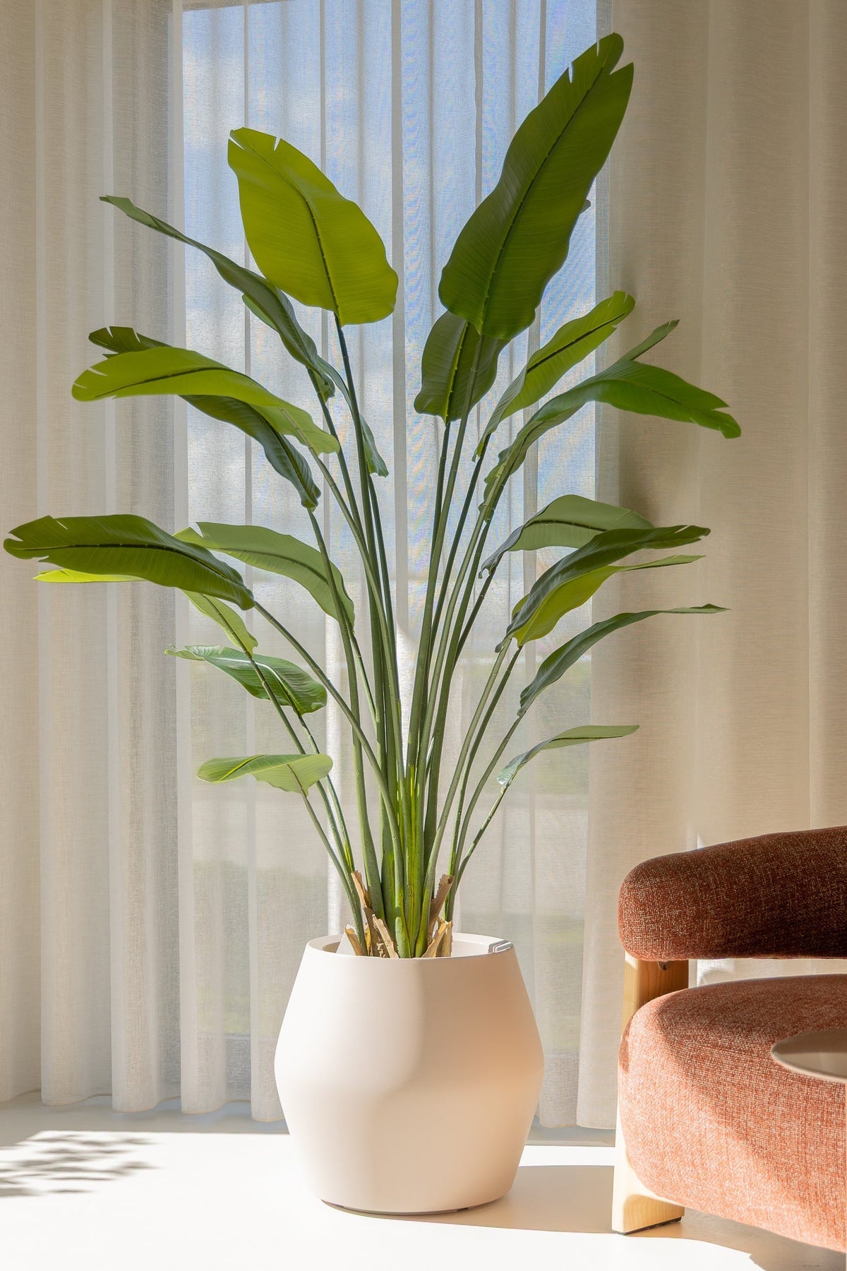 Strelitzia kunstplant van 180 cm in een woonkamer