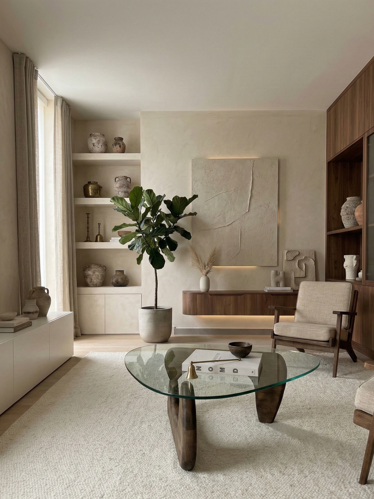 Woonkamer in romige tinten met een organische salontafel van glas op een walnoot onderstel