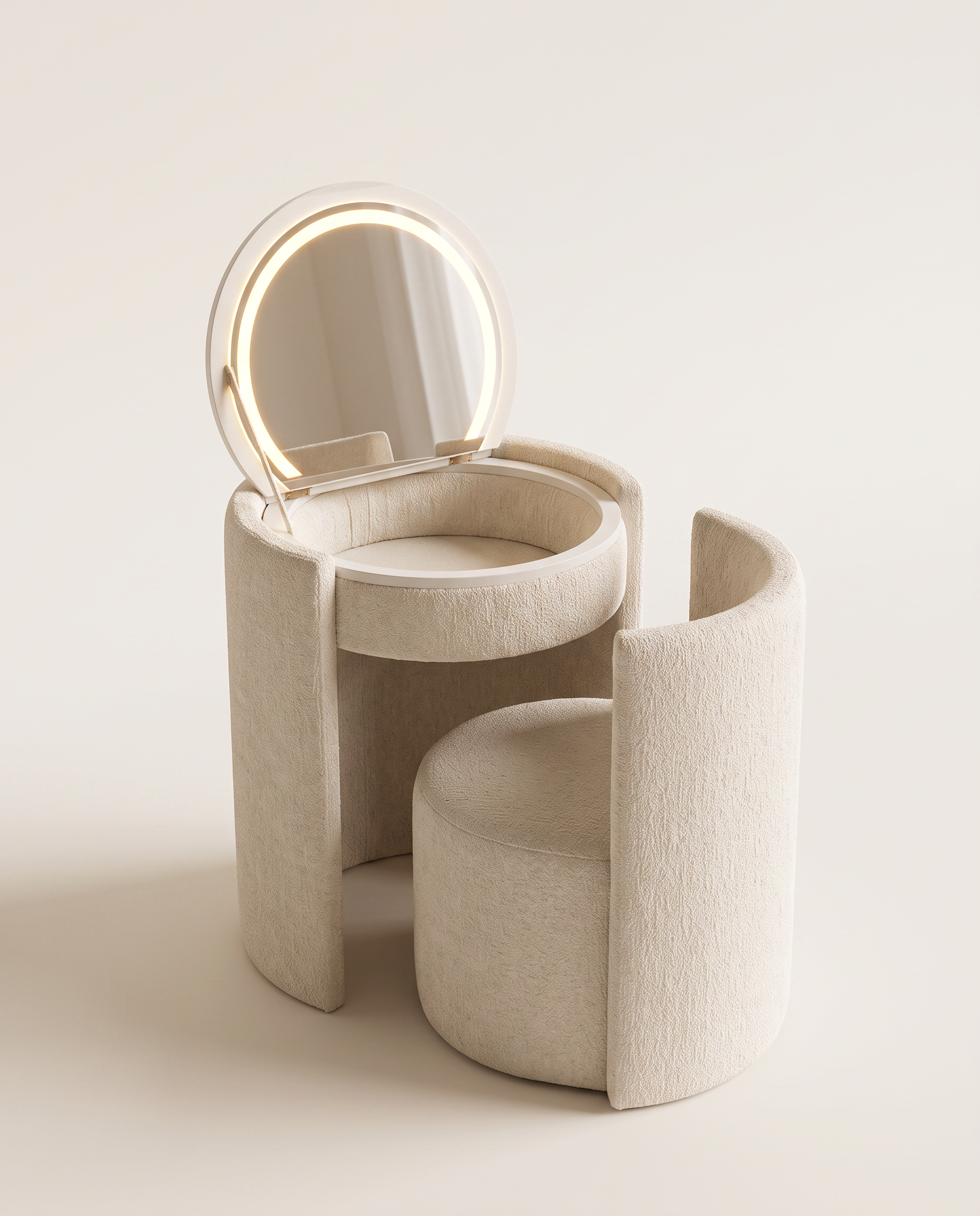 Yoko make-up tafel in crème bouclé met geopende spiegel en bijpassende fauteuil