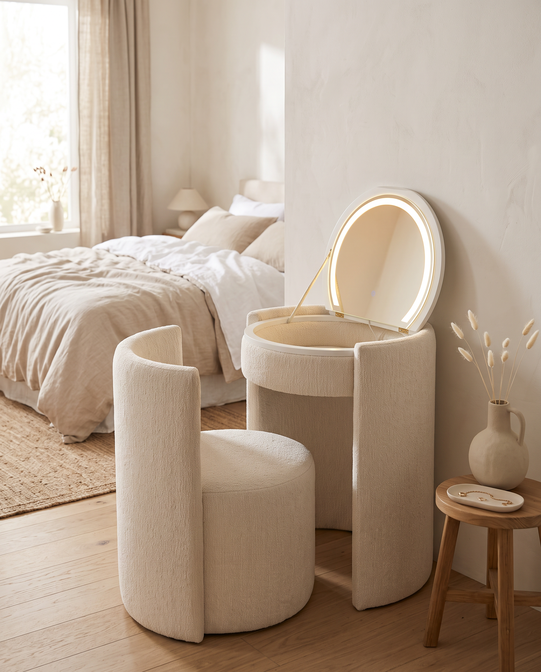 Yoko make-up tafel in een lichte slaapkamer met eiken vloer en linnen beddengoed