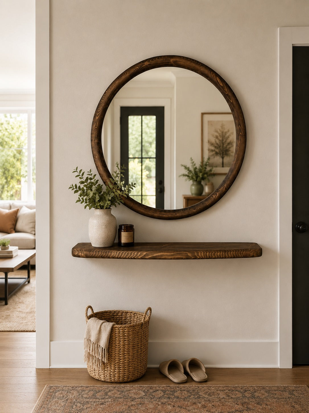Lou ronde houten wandspiegel met plank 85 cm, afbeelding 3