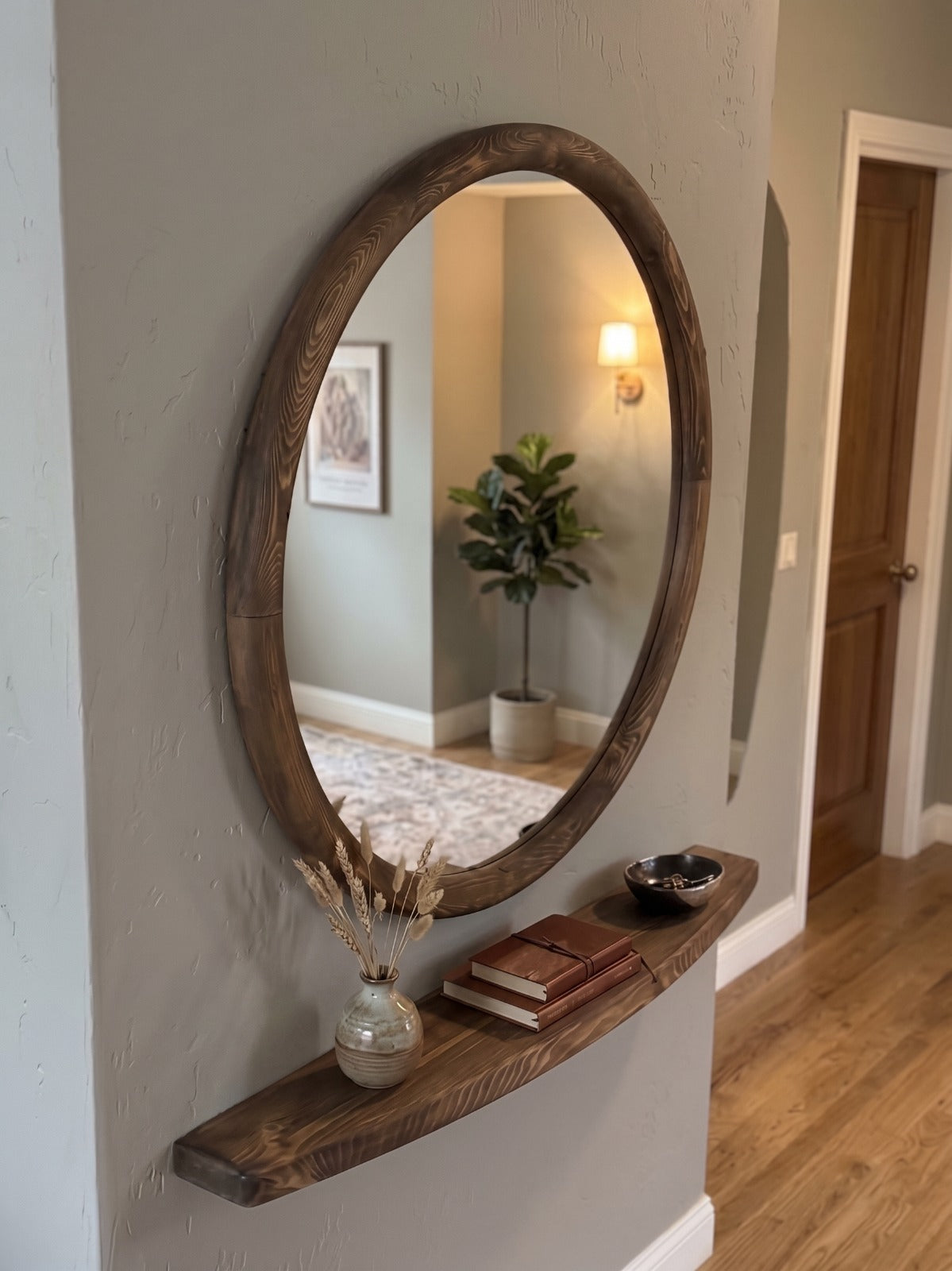 Lou ronde houten wandspiegel met plank 85 cm