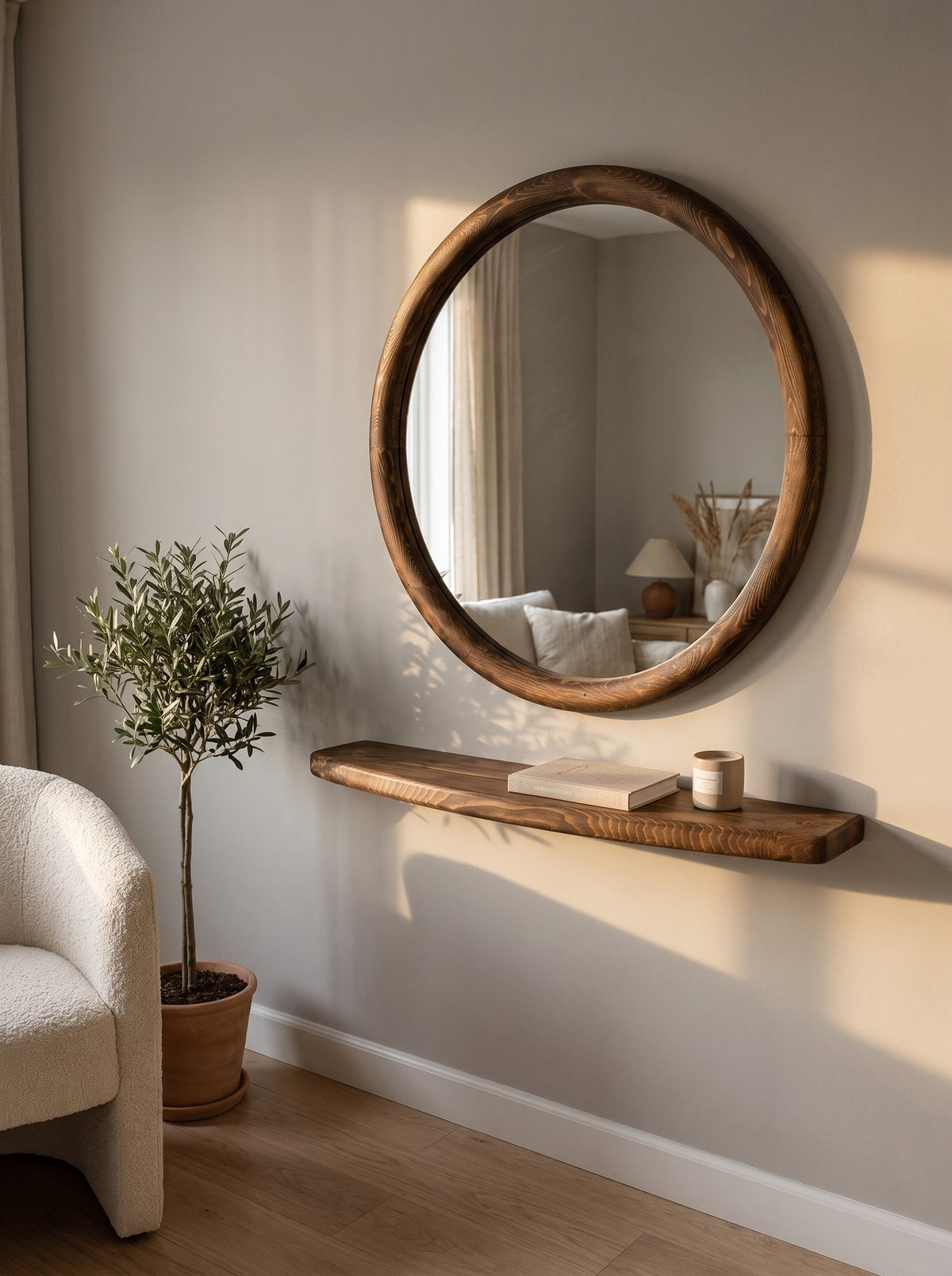 Lou ronde houten wandspiegel met plank 85 cm, afbeelding 5