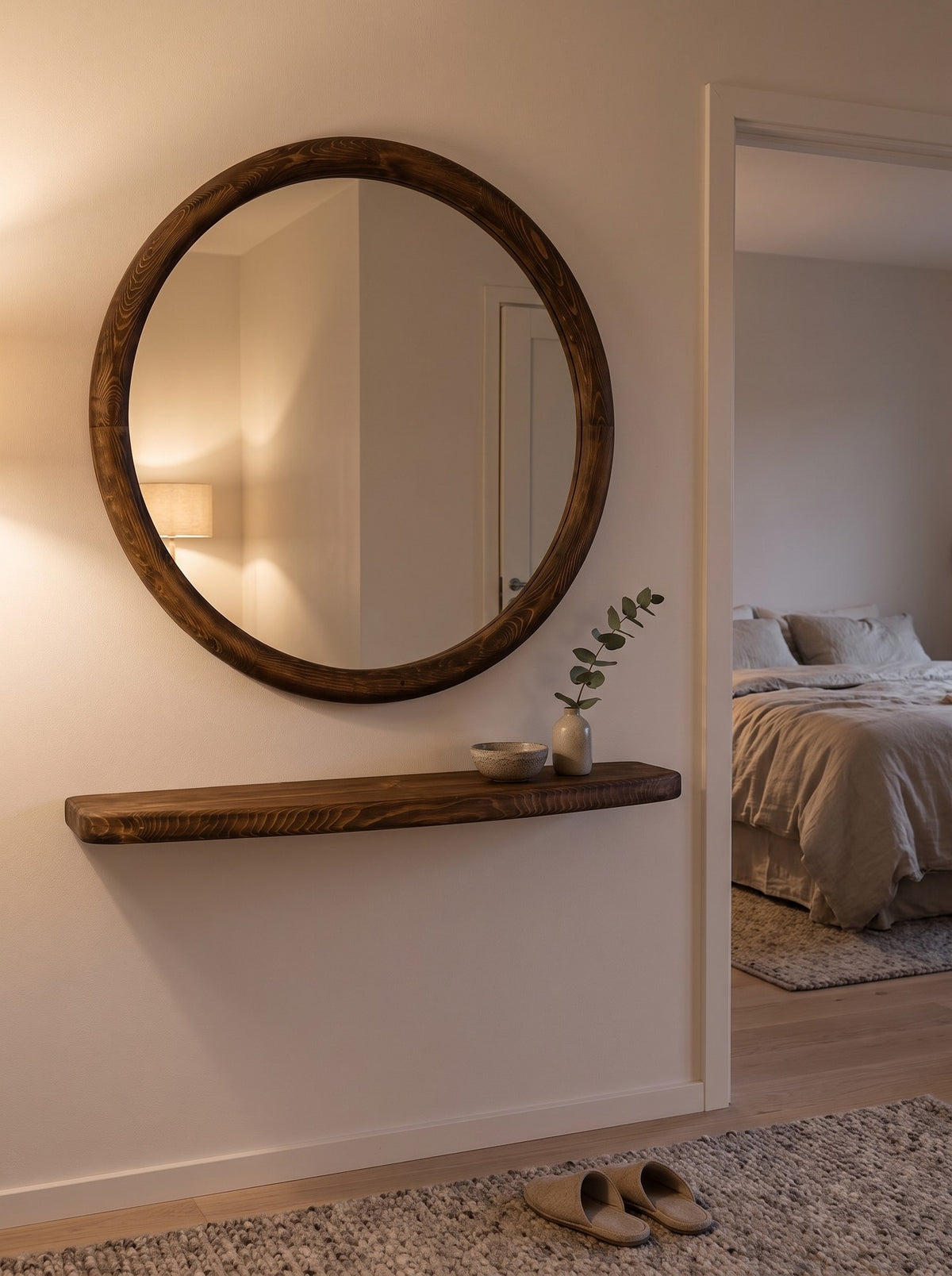 Lou ronde houten wandspiegel met plank 85 cm, afbeelding 6