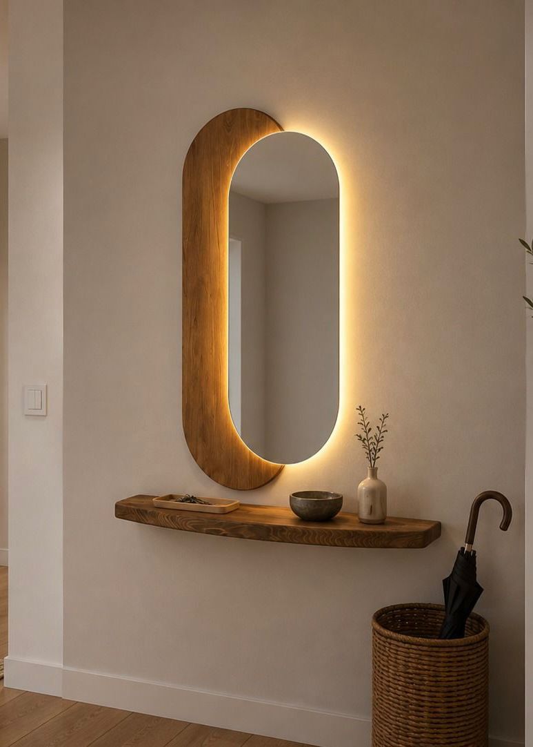 Lumi ovale led spiegel met houten paneel en plank 100x55 cm