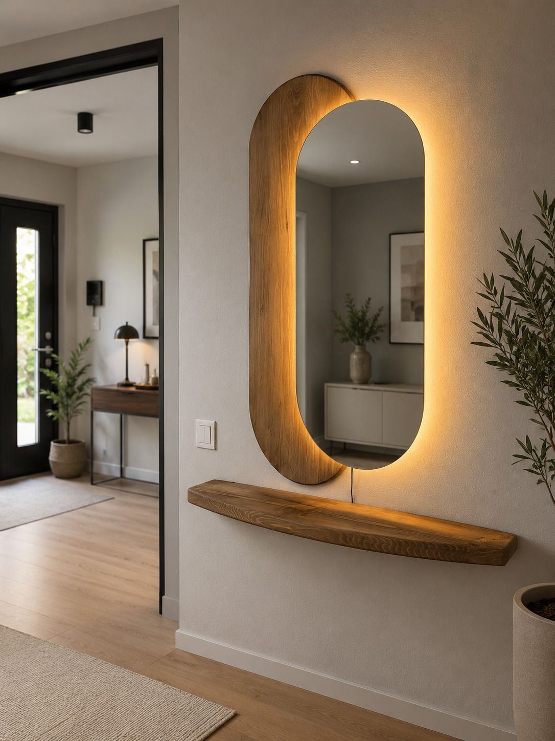 Lumi ovale led spiegel met houten paneel en plank 100x55 cm, afbeelding 3