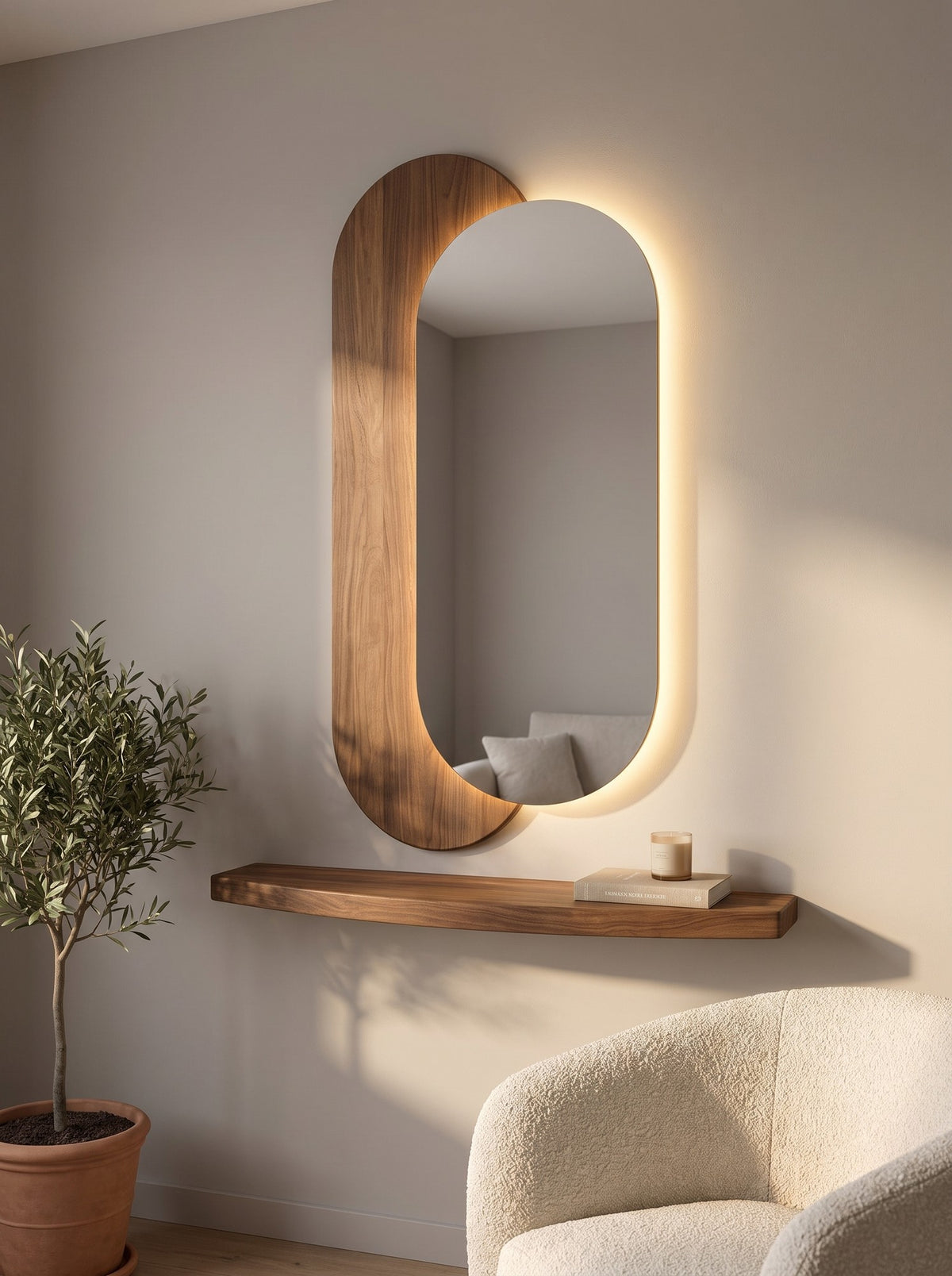 Lumi ovale led spiegel met houten paneel en plank 100x55 cm, afbeelding 5