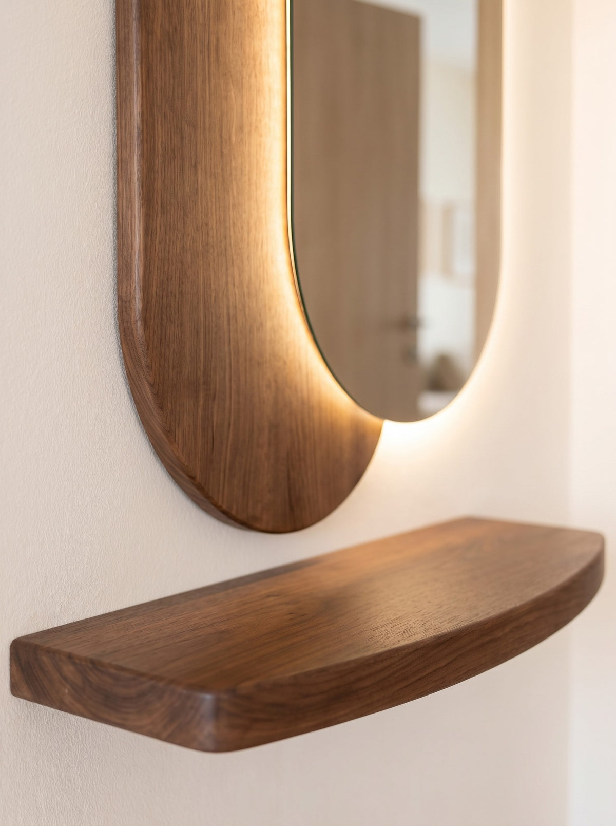 Lumi ovale led spiegel met houten paneel en plank 100x55 cm, afbeelding 6