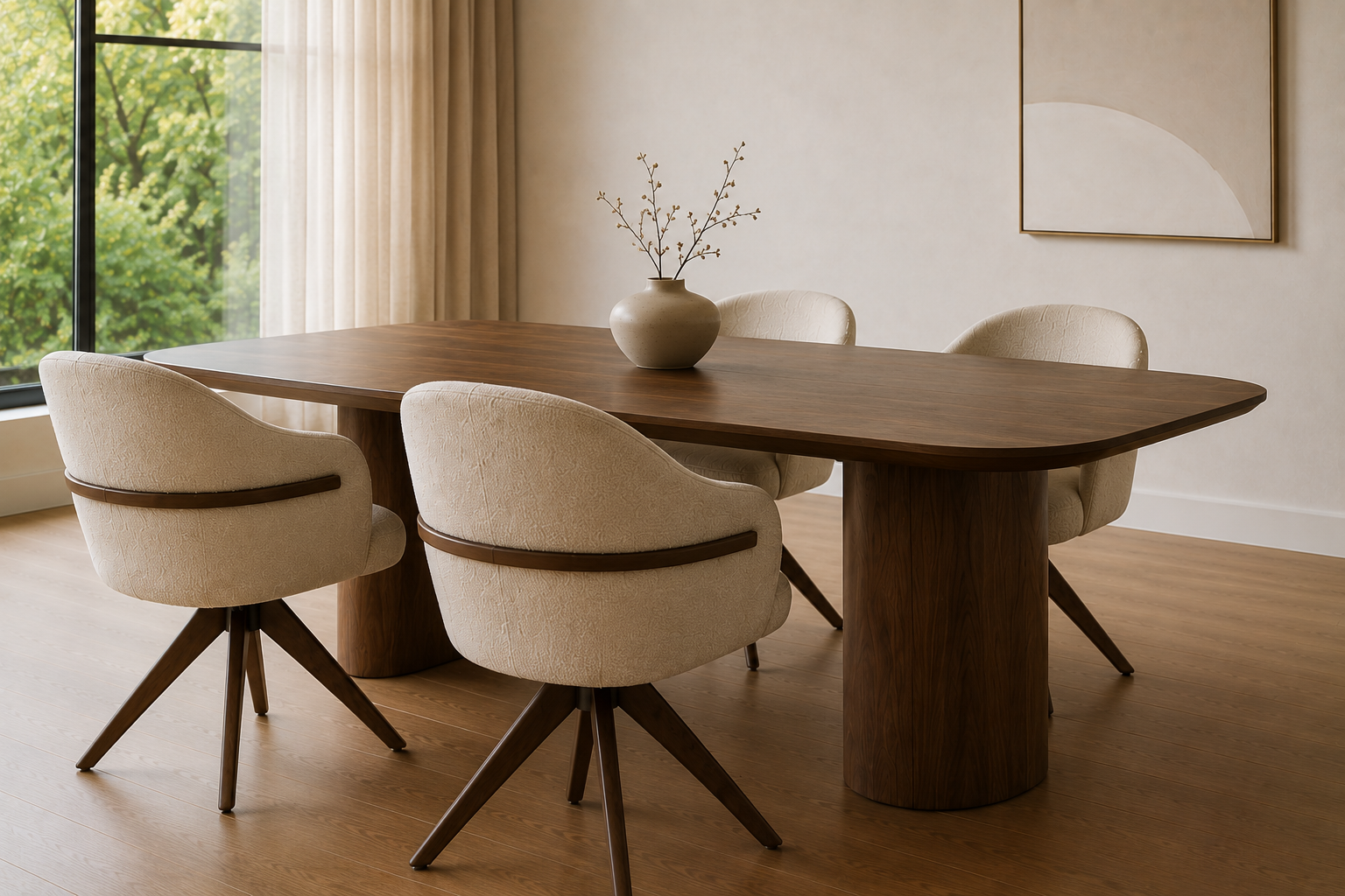 Nara eettafelset met vier draaibare eetkamerstoelen in crème bouclé met walnoten band en ster-onderstel