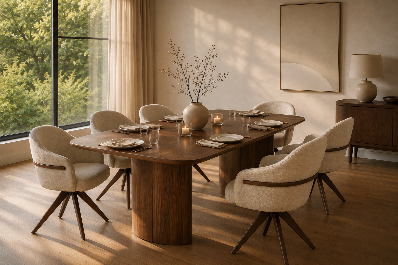 Nara eettafelset voor zes gedekt met linnen servetten en keramische borden in warm middaglicht