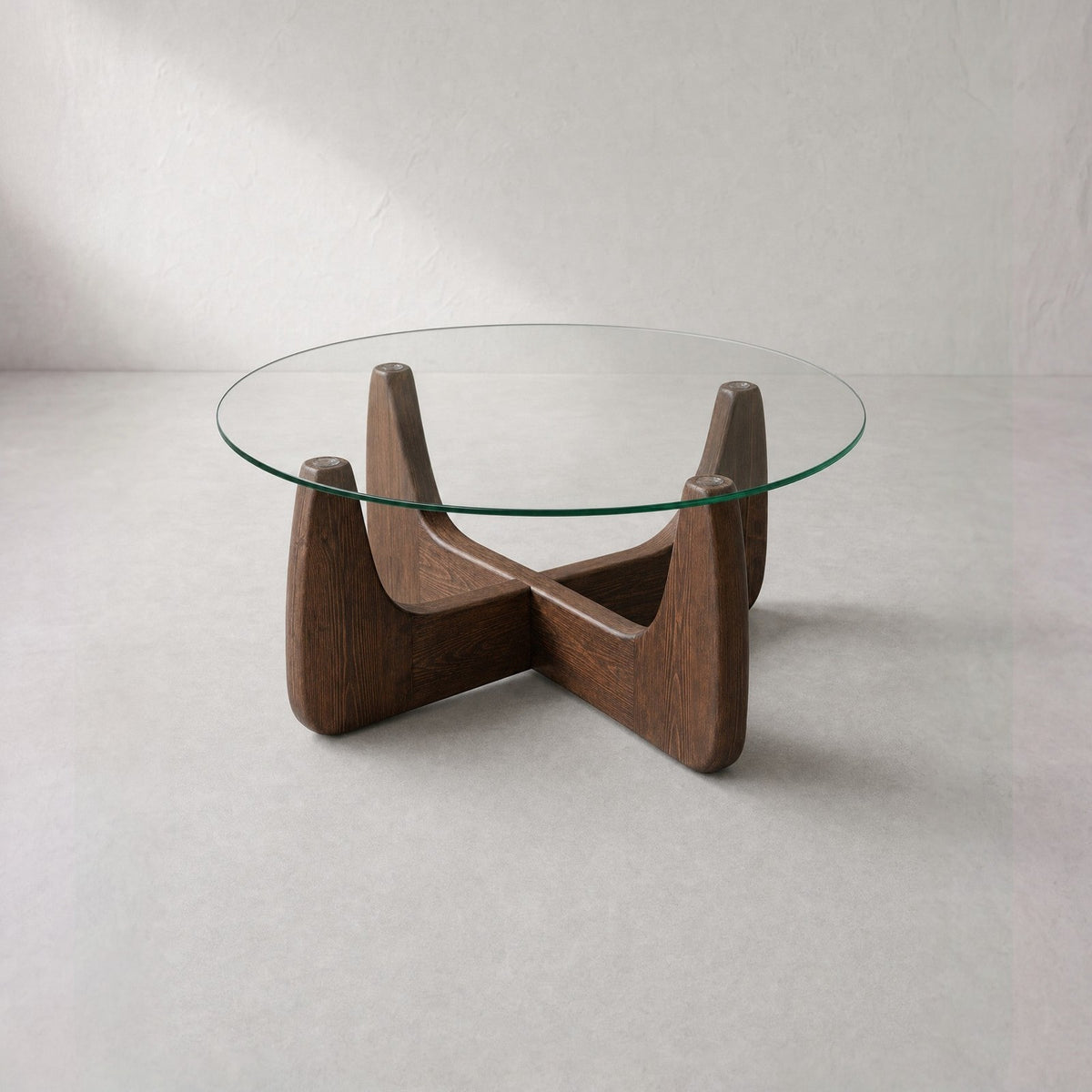 Organische salontafel walnoot rond model met glazen blad