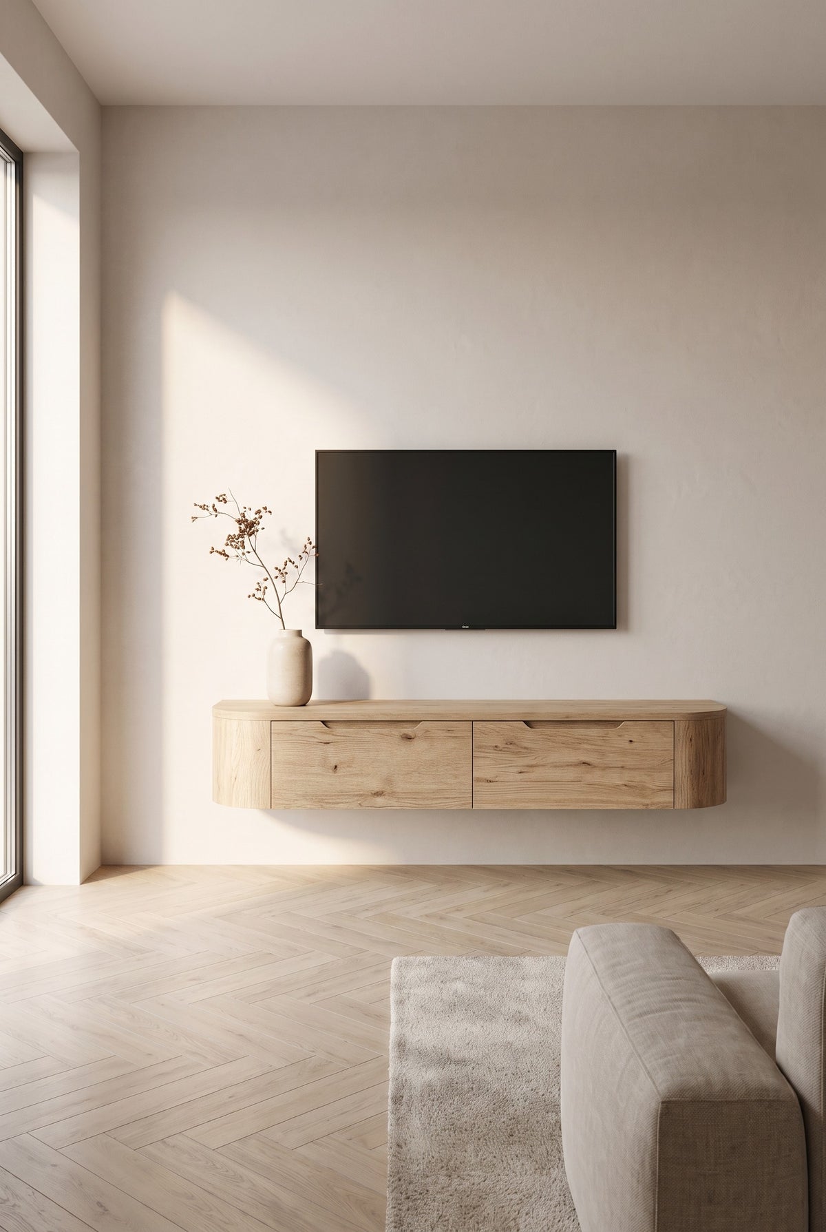 Miyoko zwevend tv-meubel eiken 180 cm in een lichte woonkamer