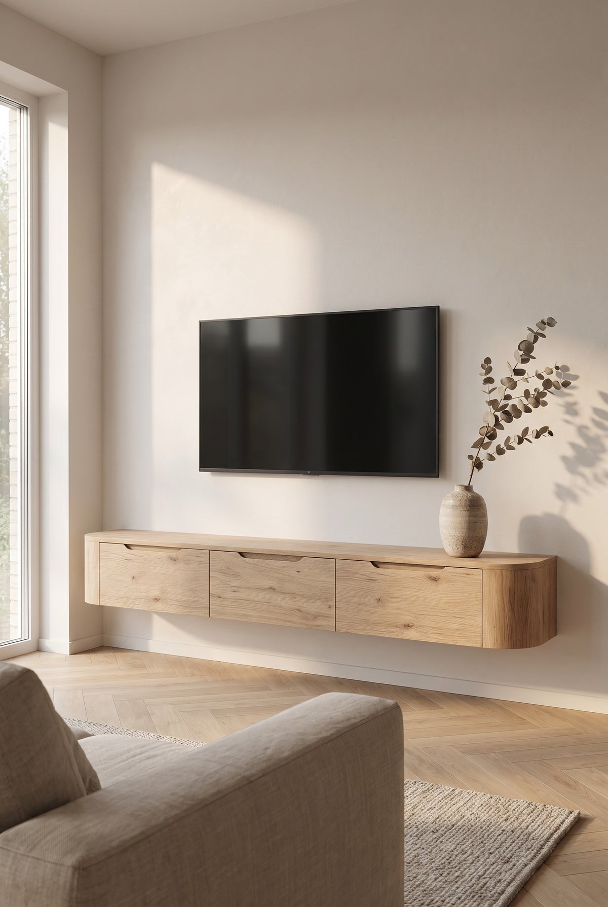Miyoko zwevend tv-meubel eiken 270 cm in een lichte woonkamer