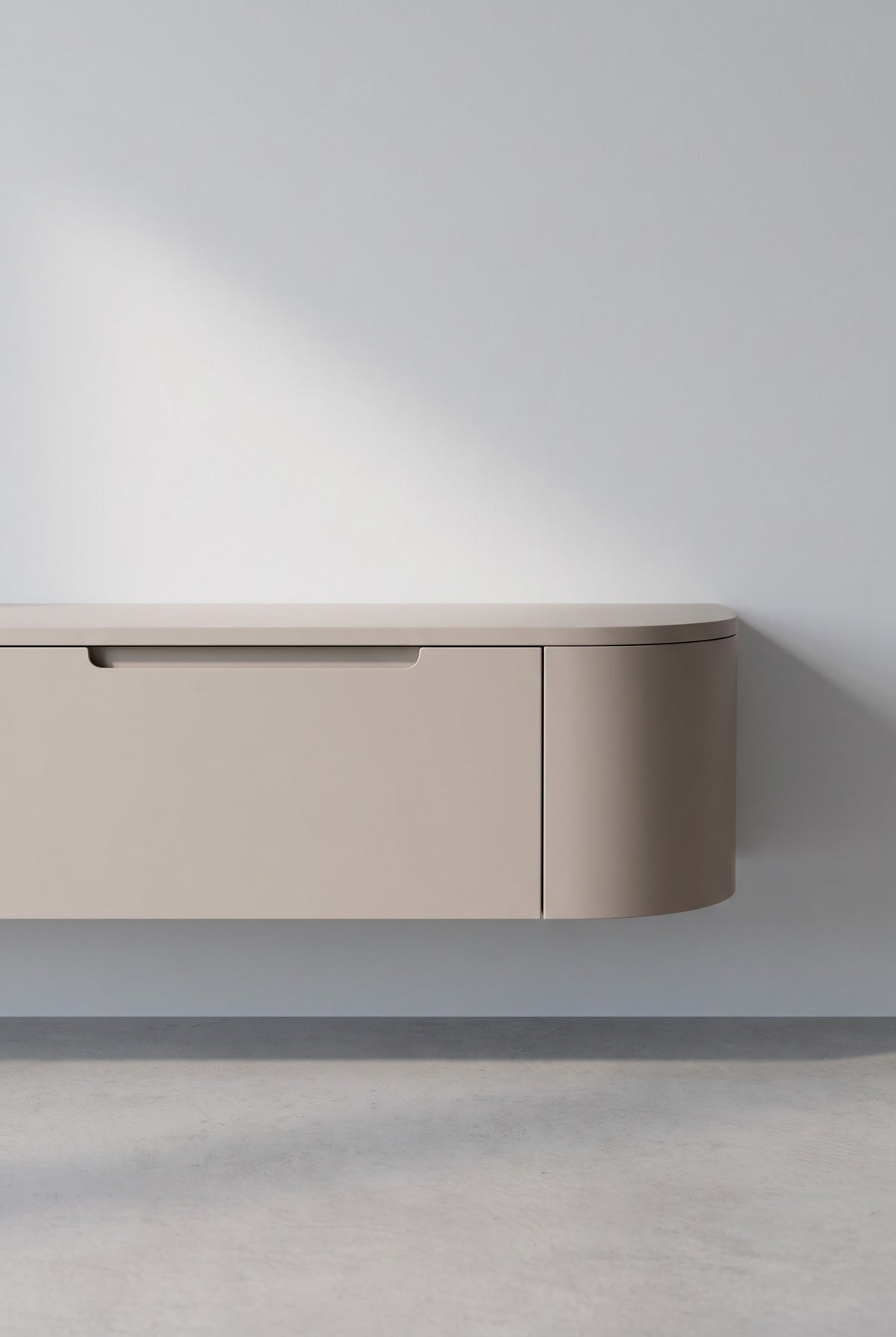 Miyoko zwevend tv-meubel taupe 180 cm, detail van het afgeronde uiteinde