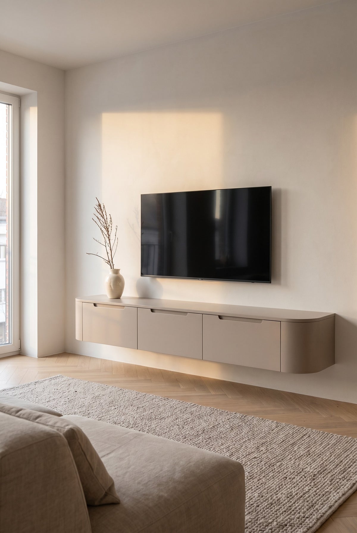 Miyoko zwevend tv-meubel taupe 270 cm in een lichte woonkamer