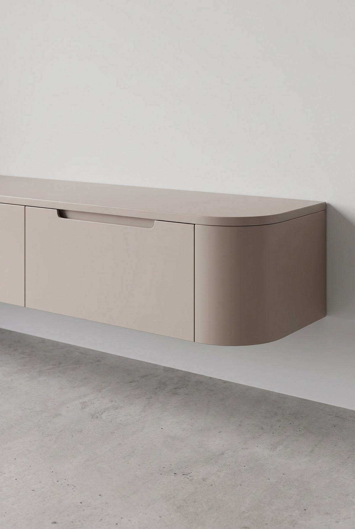 Miyoko zwevend tv-meubel taupe 270 cm, detail van het afgeronde uiteinde