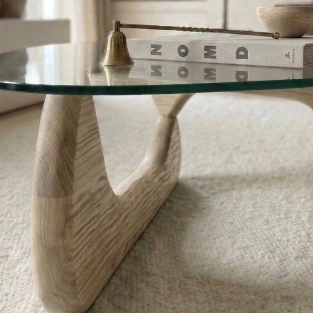 Detail van Organische salontafel eiken met glas 90 x 65 cm