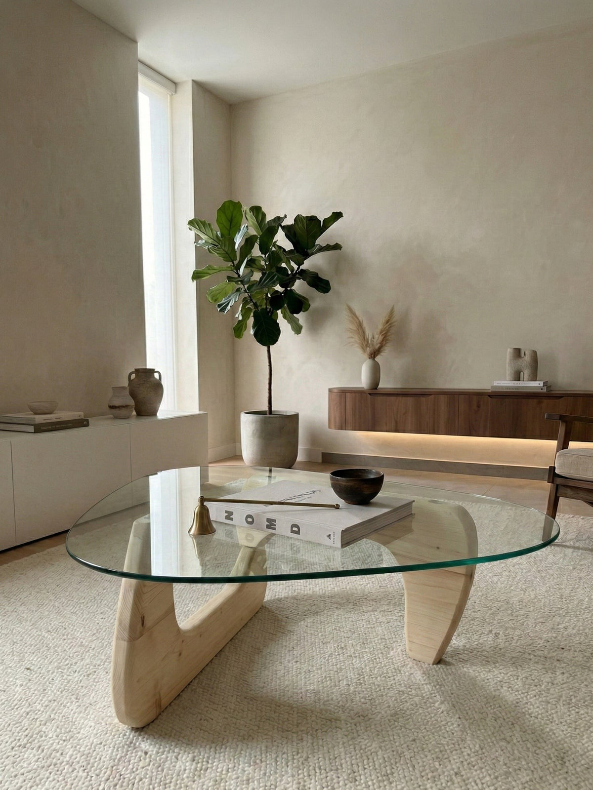 Organische salontafel met glazen blad en onderstel in eiken in een lichte woonkamer