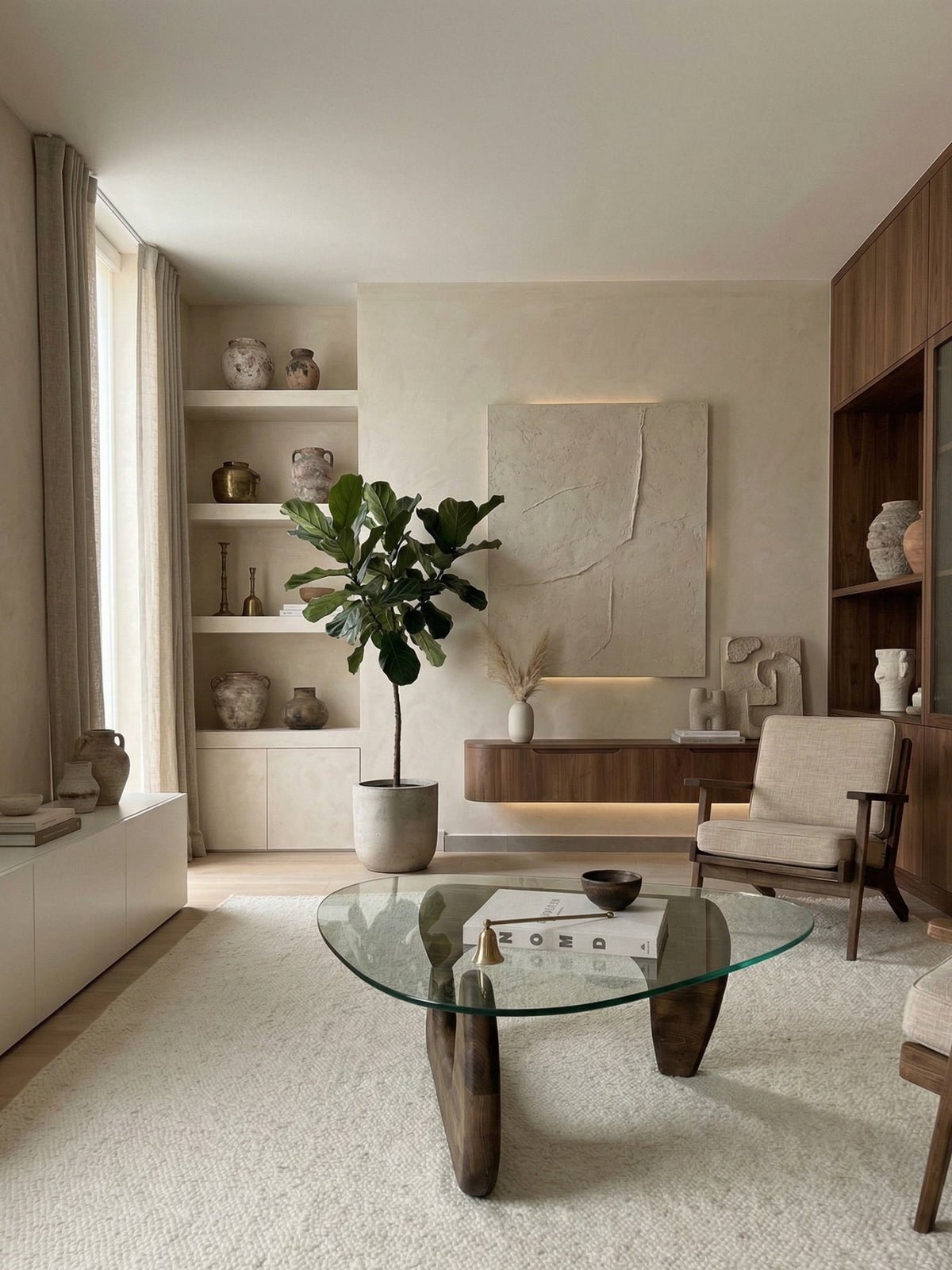 Organische salontafel in walnoot in een woonkamer met boekenkast