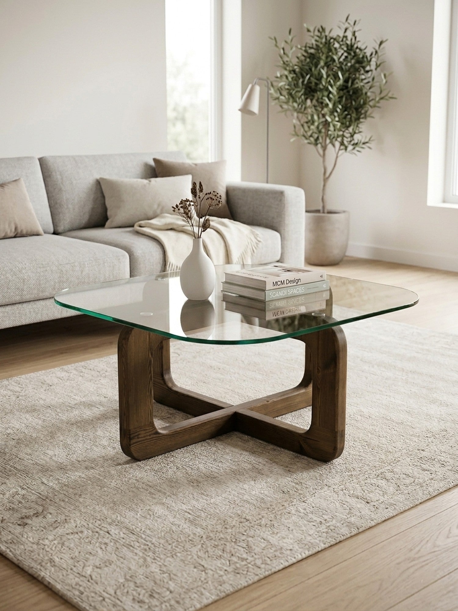 Organische salontafel walnoot plus model 80x80 cm gehard glas