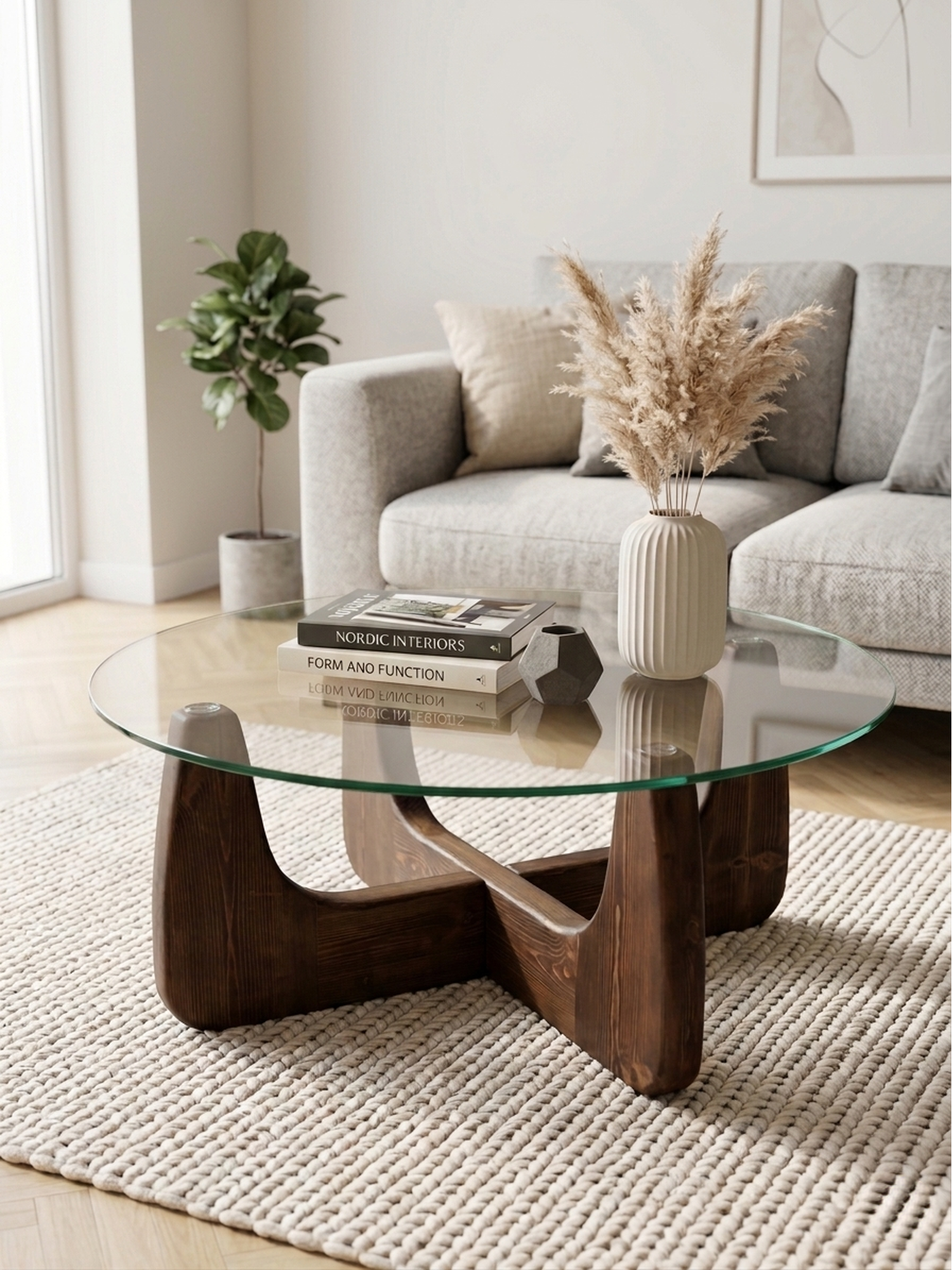 Organische ronde salontafel walnoot 80 cm gehard glas